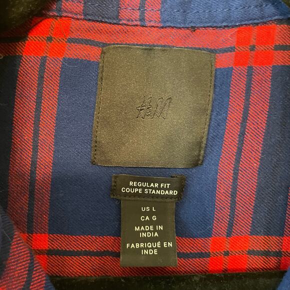 H&M L 100% cotton casual button down t-shirt blue red plaid corpcore work - Picture 4 of 7